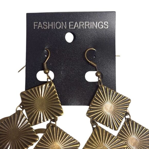 Bronze Geometric Square Chandelier Dangle Fashion Earrings Deco Boho 4.5" NEW - Picture 3 of 5